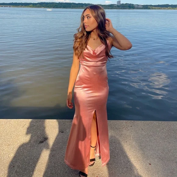 green emerald velvet dress Cowl-Neck Long Prom Dress with Drape Back Rose Gold / Small